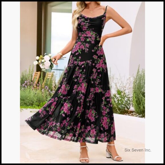 Mesh Spaghetti Strap Maxi Dress Floral Boho Beach Wedding Guest - Picture 4 of 7